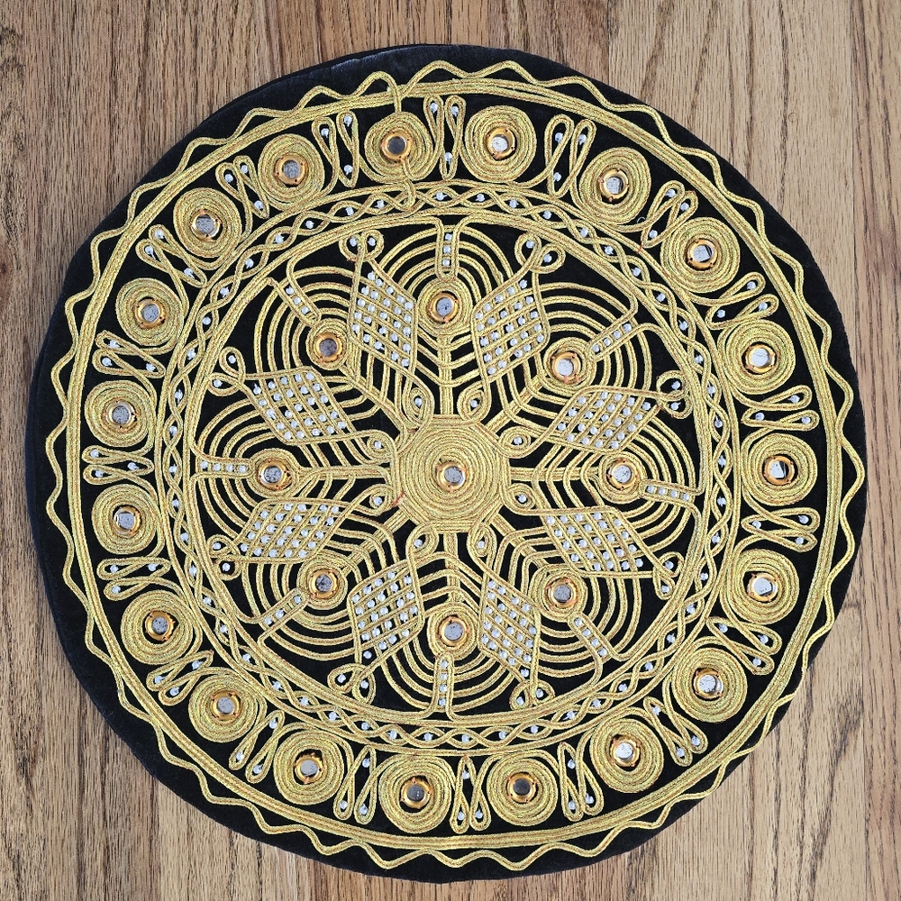 Vintage Persian/Moroccan Handmade Beaded Round Gold Pillow Case 15.5 Inch Decor